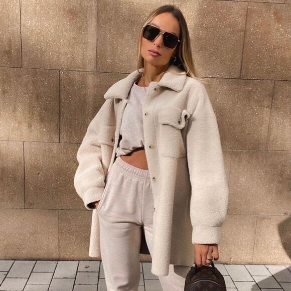 Mango Faux Shearling Jacket Shacket Overshirt Beige New Pockets - Picture 1 of 13